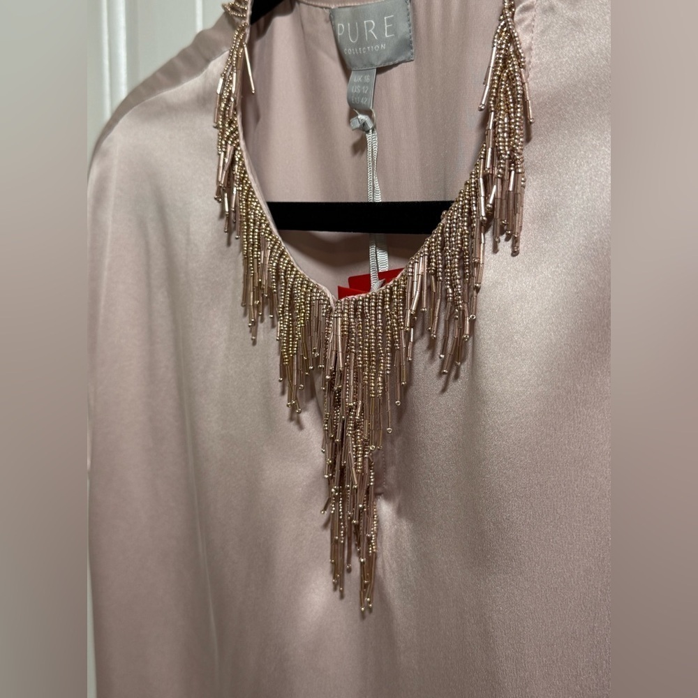 Pure Collection 100% Silk Top with Beaded Fringe in Light Pink - Picture 7 of 12